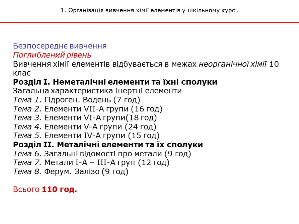 Безпосереднє вивчення Поглиблений рівень Вивчення хімії елементів відбувається в межах неорганічної хімії 10 клас